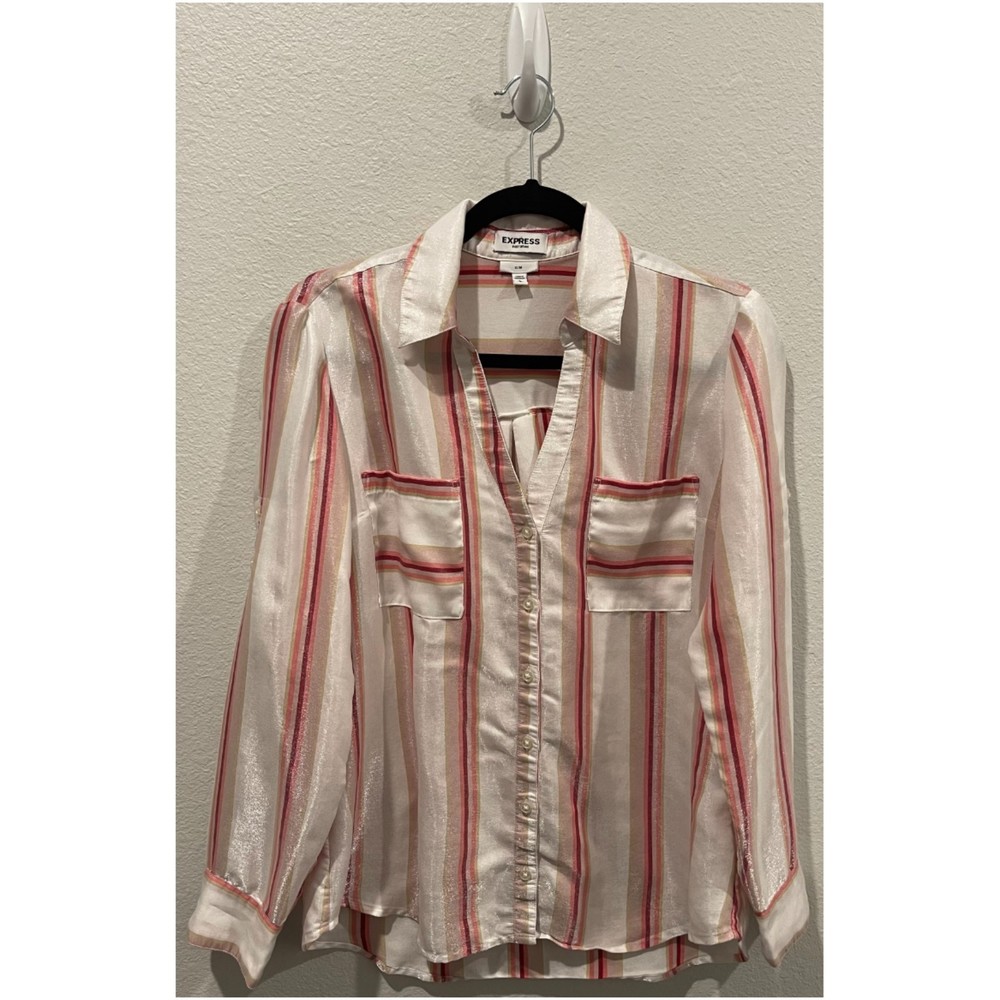 EXPRESS Slim Stripes Pinko Burgundy White Long Sleeve Blouse